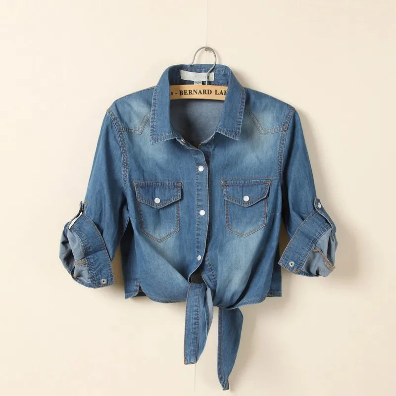 Crop Denim Short Sleeve Shirt