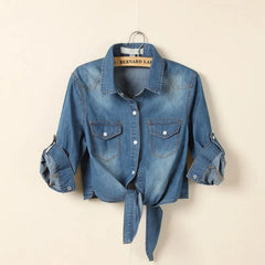Crop Denim Short Sleeve Shirt