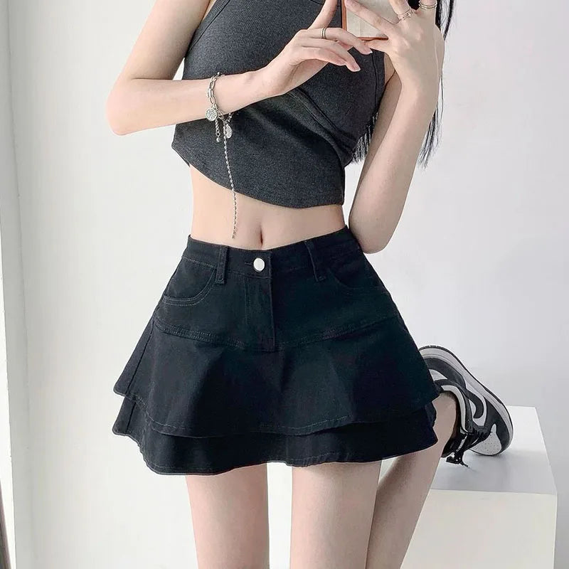 High-Waist Denim Ruffle Skirt