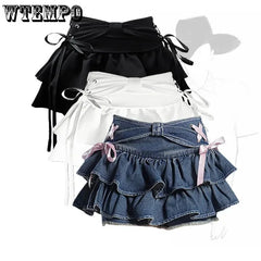Pleated Denim A-line Skirt
