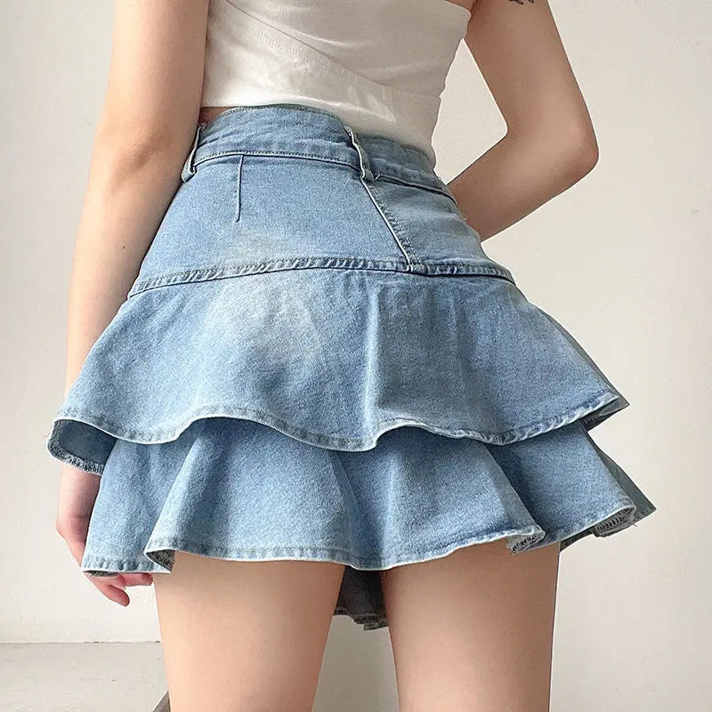 High-Waist Denim Ruffle Skirt