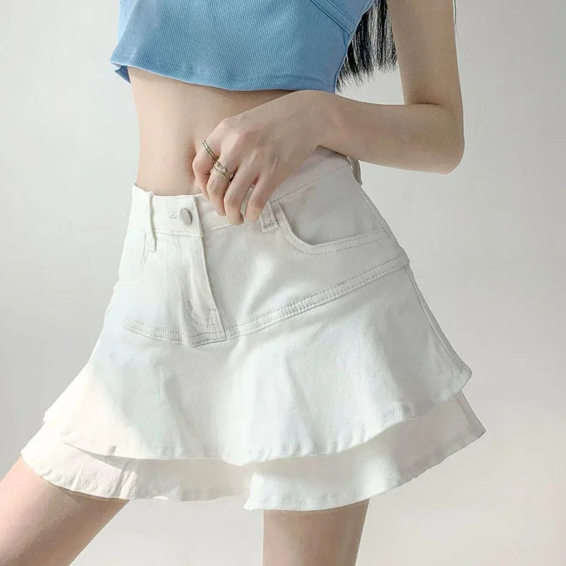 High-Waist Denim Ruffle Skirt