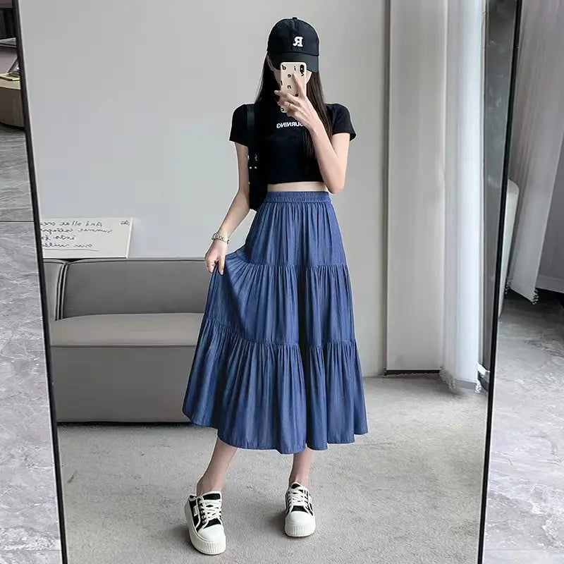 Patchwork Denim A-line Long Skirt