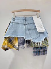 Plaid Patchwork Denim Mini Skirt
