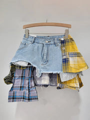 Plaid Patchwork Denim Mini Skirt