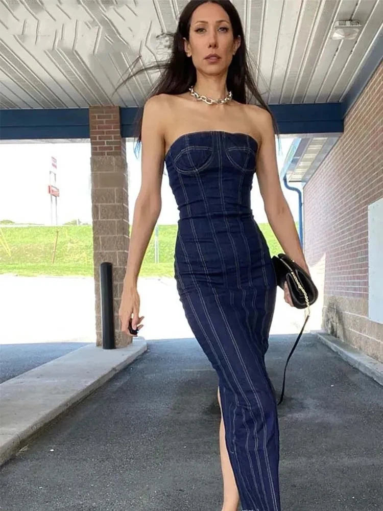 Backless Denim Midi Dress