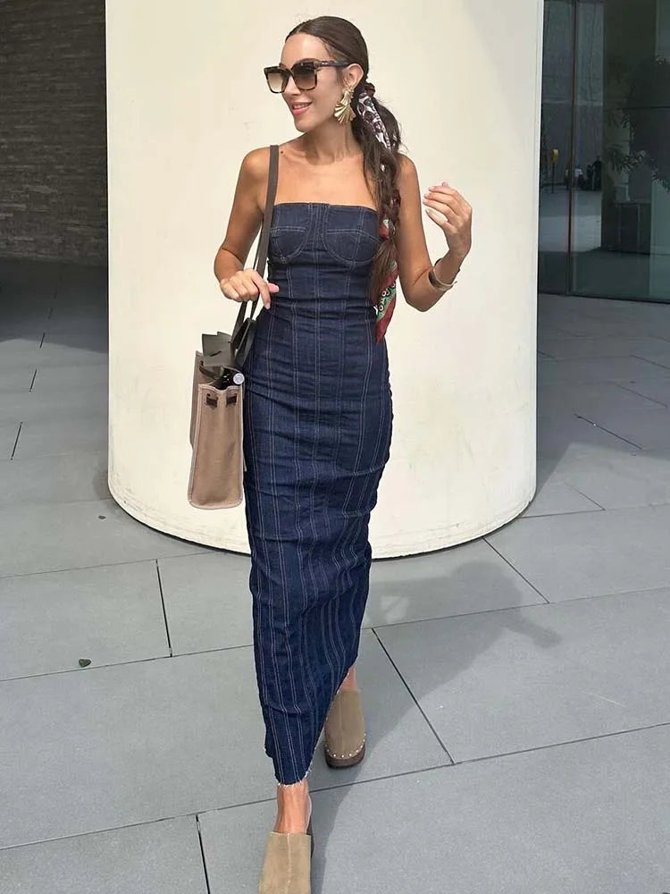 Backless Denim Midi Dress