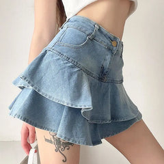 High-Waist Denim Ruffle Skirt