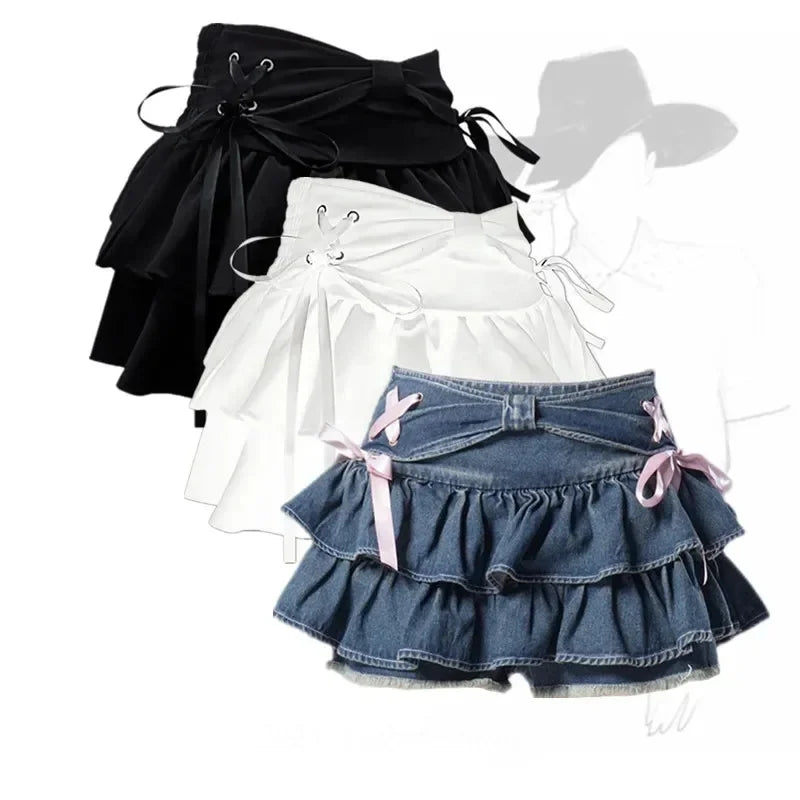 Pleated Denim A-line Skirt