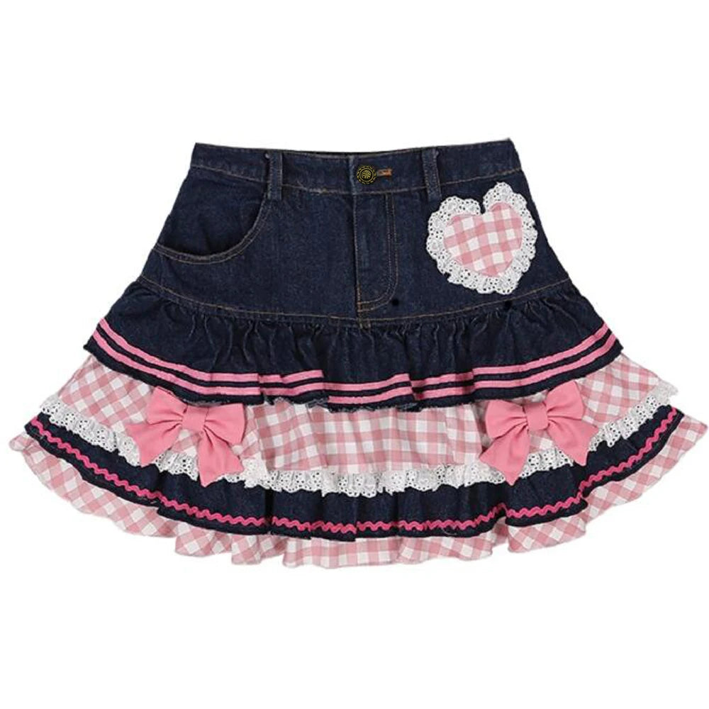 Kawaii Lace Denim Skater Skirt