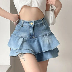High-Waist Denim Ruffle Skirt