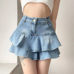 High-Waist Denim Ruffle Skirt