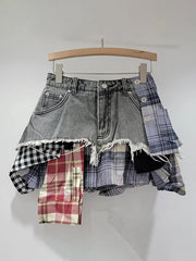 Plaid Patchwork Denim Mini Skirt