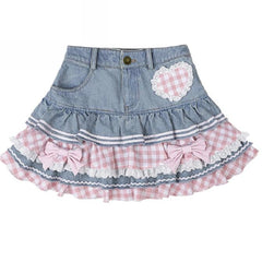 Kawaii Lace Denim Skater Skirt